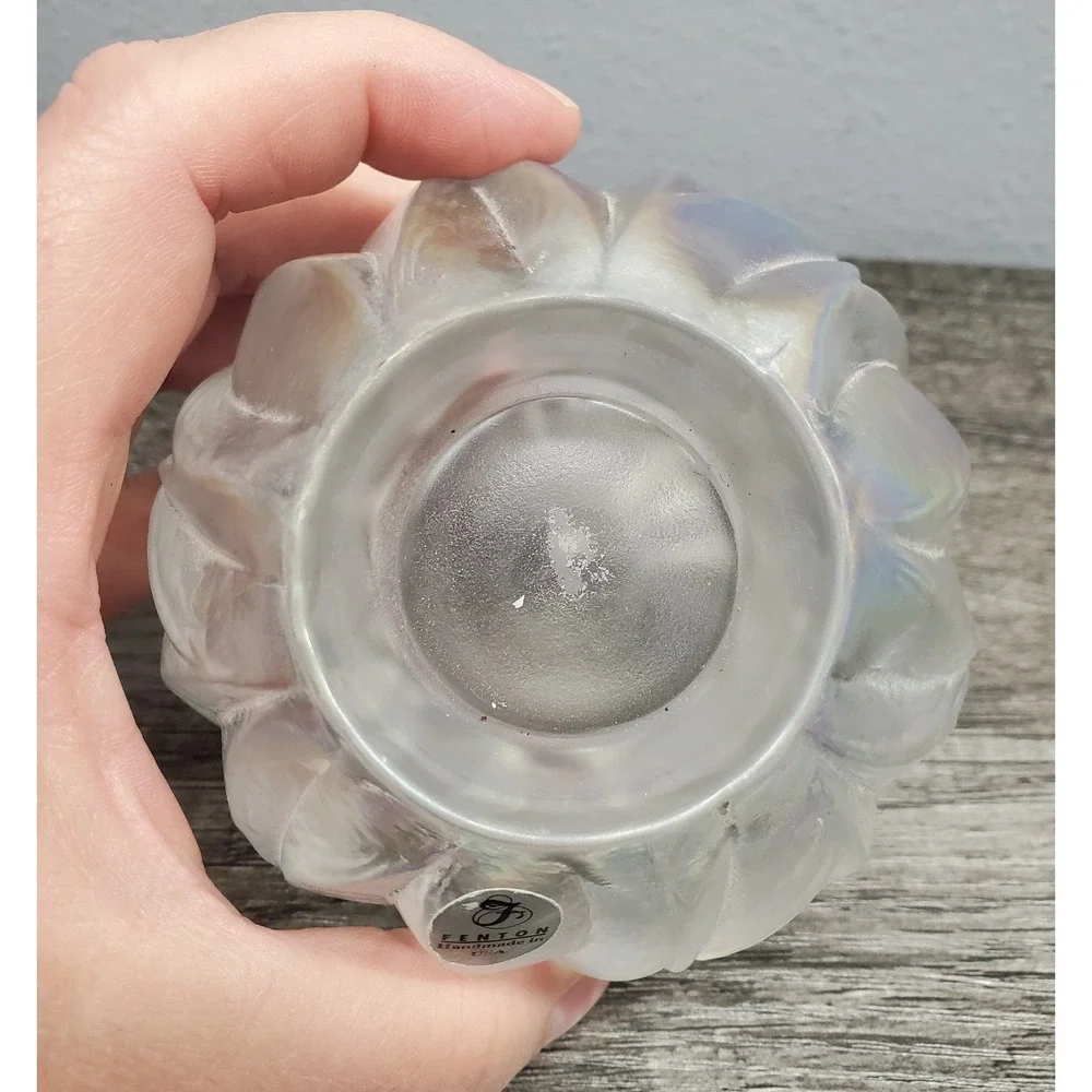 Fenton Art Glass White Pearl Iridescent Round Votive Candle Holder RARE